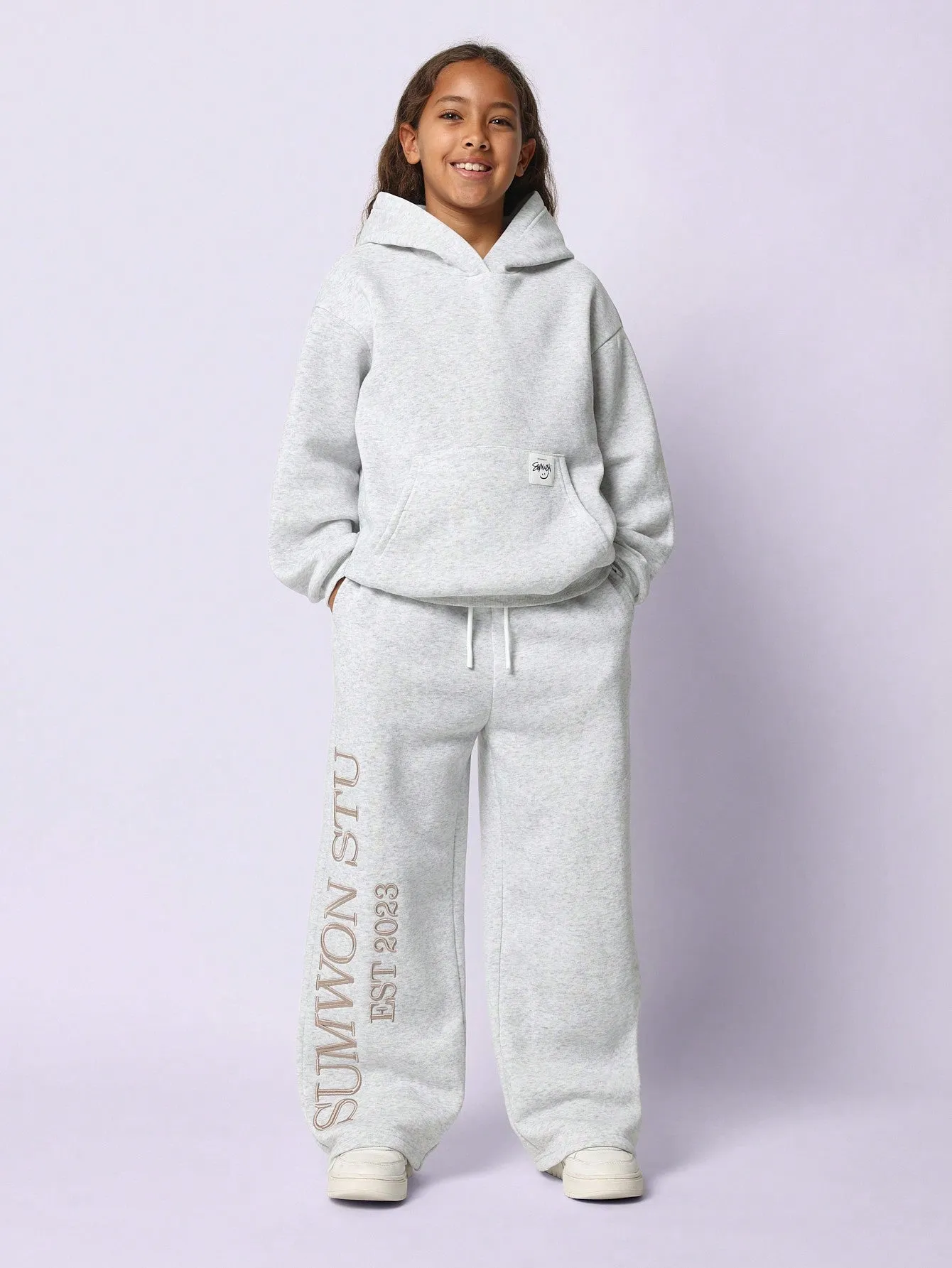 Tween Girls Comfy Grey Marl Overhead Essential Hoodie & Sweatpants With Embroidery 2 Piece Set