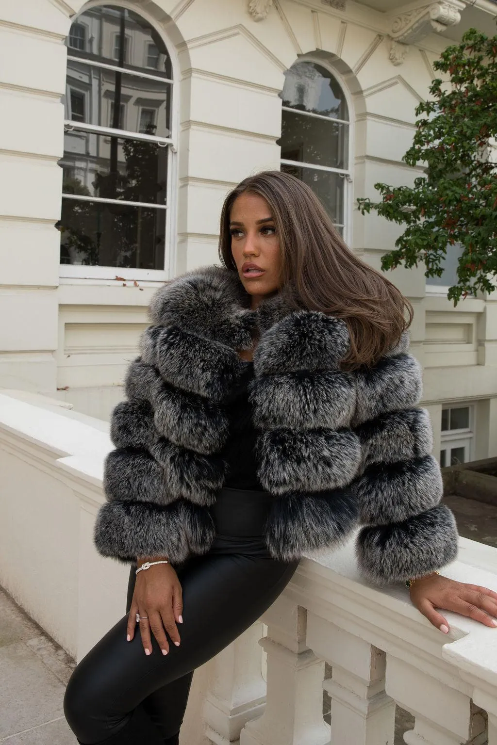 Two Tone Grey Luxury Fur 5 Row Cropped Sleeve Jacket