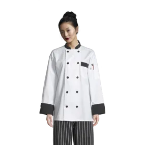 Uncommon Threads Chef Coat XS White w/ Black Trim Unisex 65/35% Poly/Cotton Twill