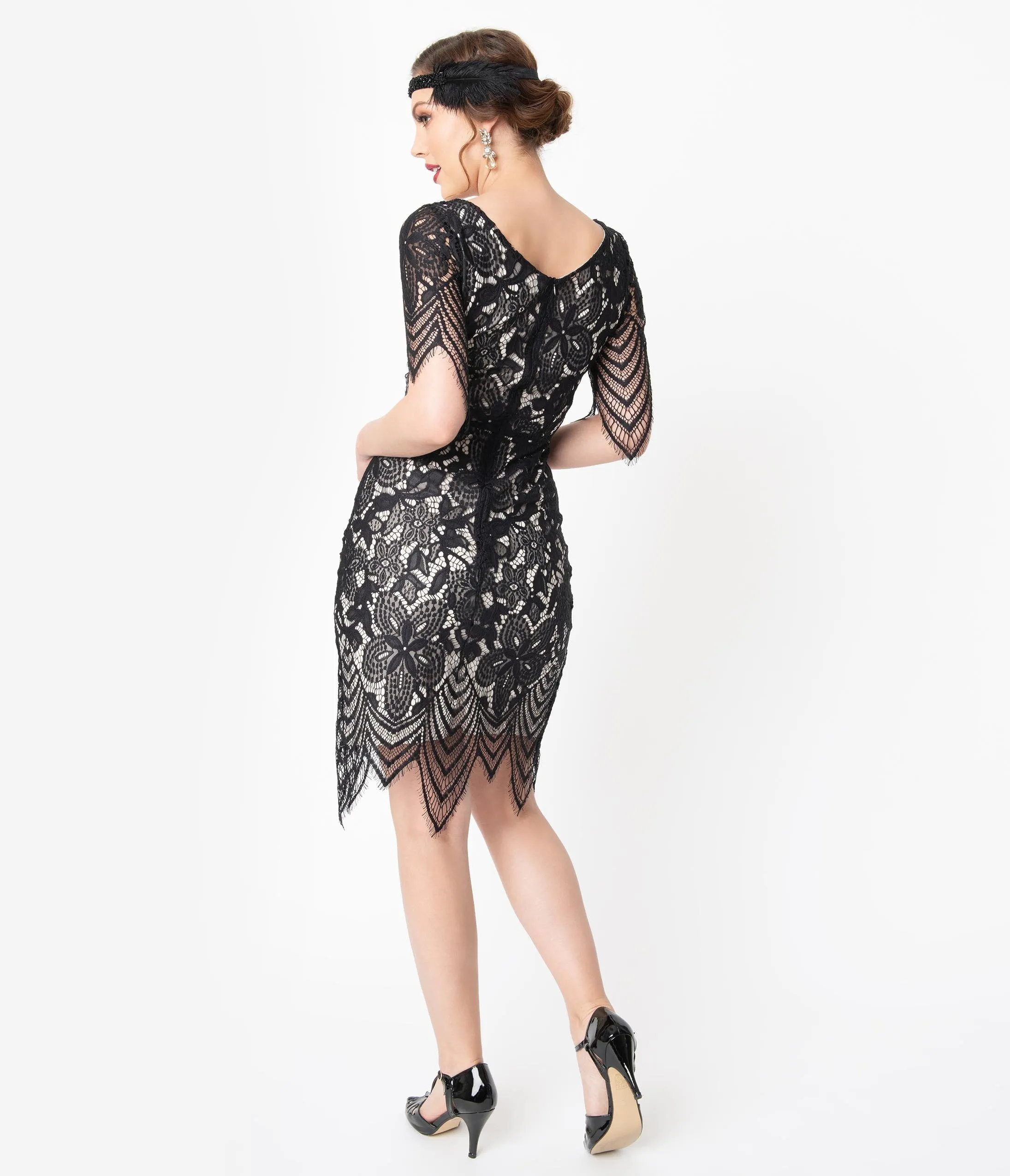 Unique Vintage 1920s Black Lace Short Sleeve Linette Cocktail Dress