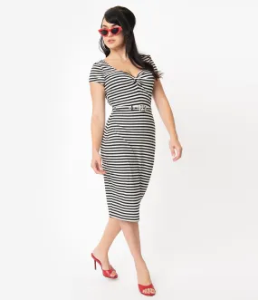 Unique Vintage 1950s Black & White Stripe Sweetheart Dianne Wiggle Dress