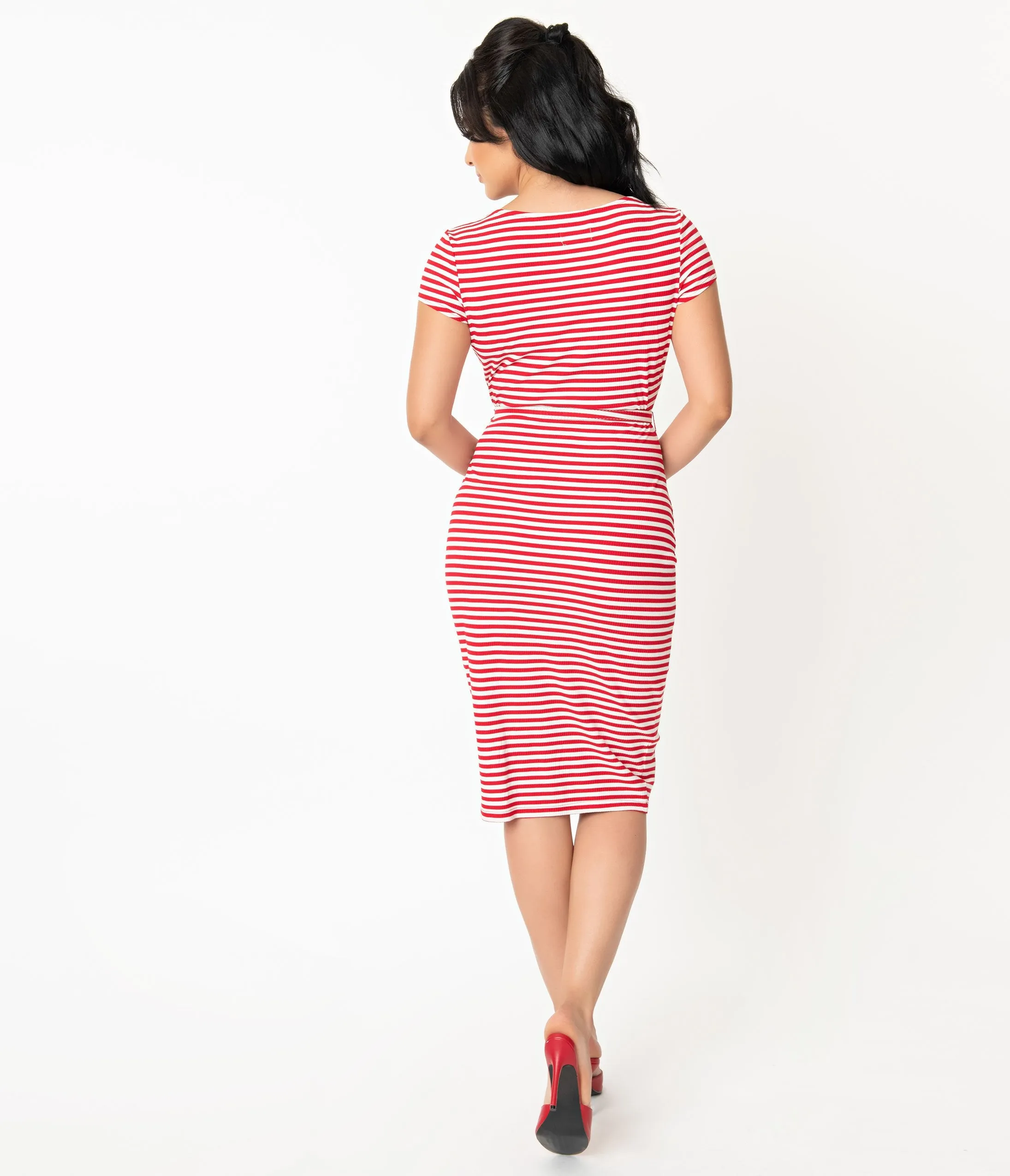 Unique Vintage 1950s Red & White Stripe Knit Dianne Wiggle Dress