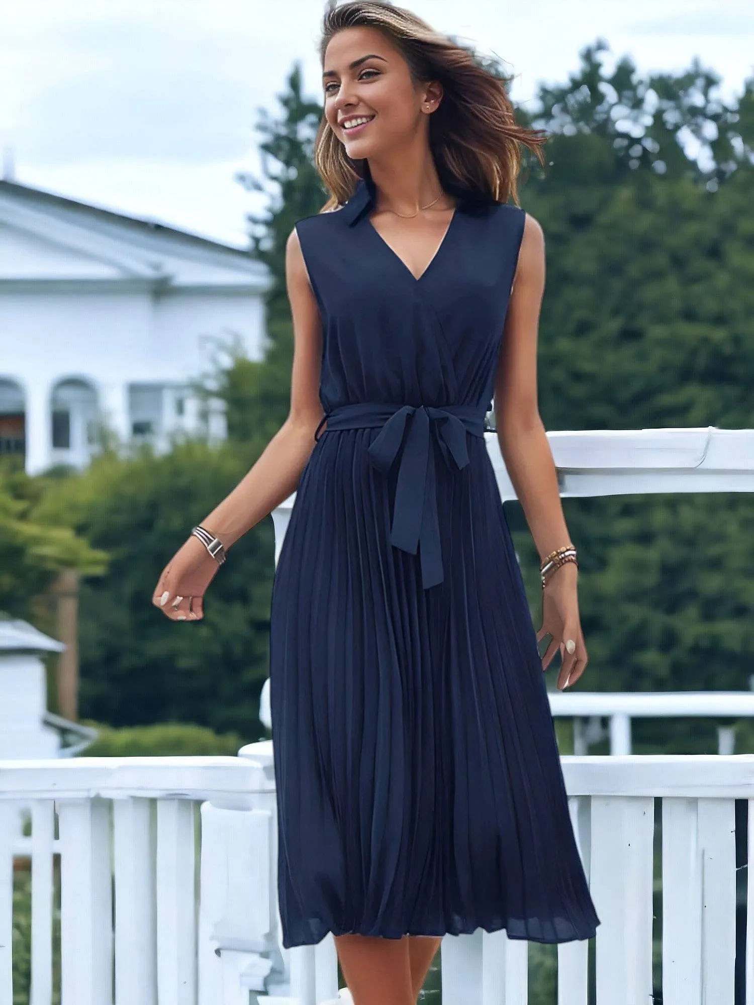 V-Neck Collared Sleeveless Self Belt Pleated Dress