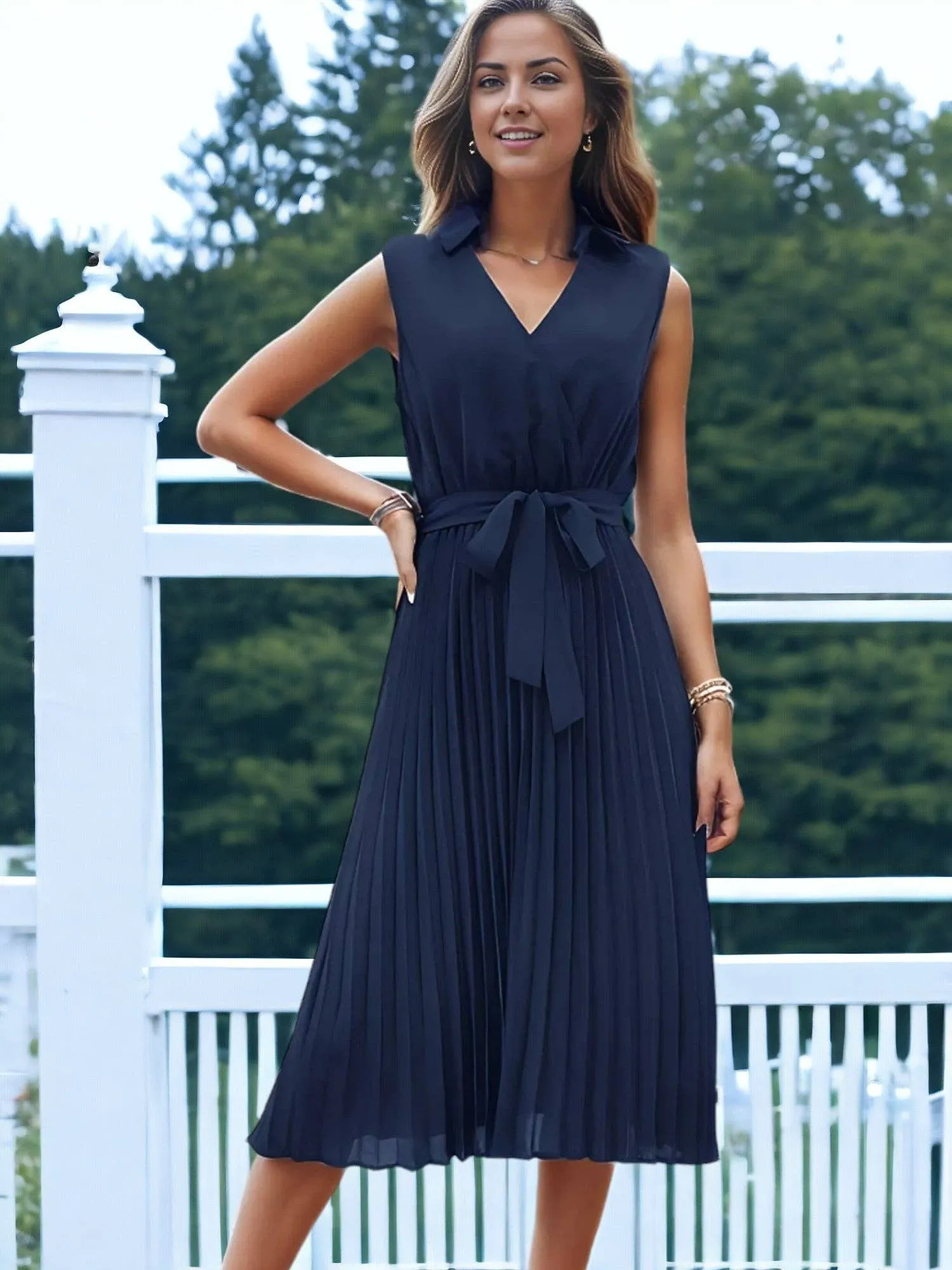 V-Neck Collared Sleeveless Self Belt Pleated Dress