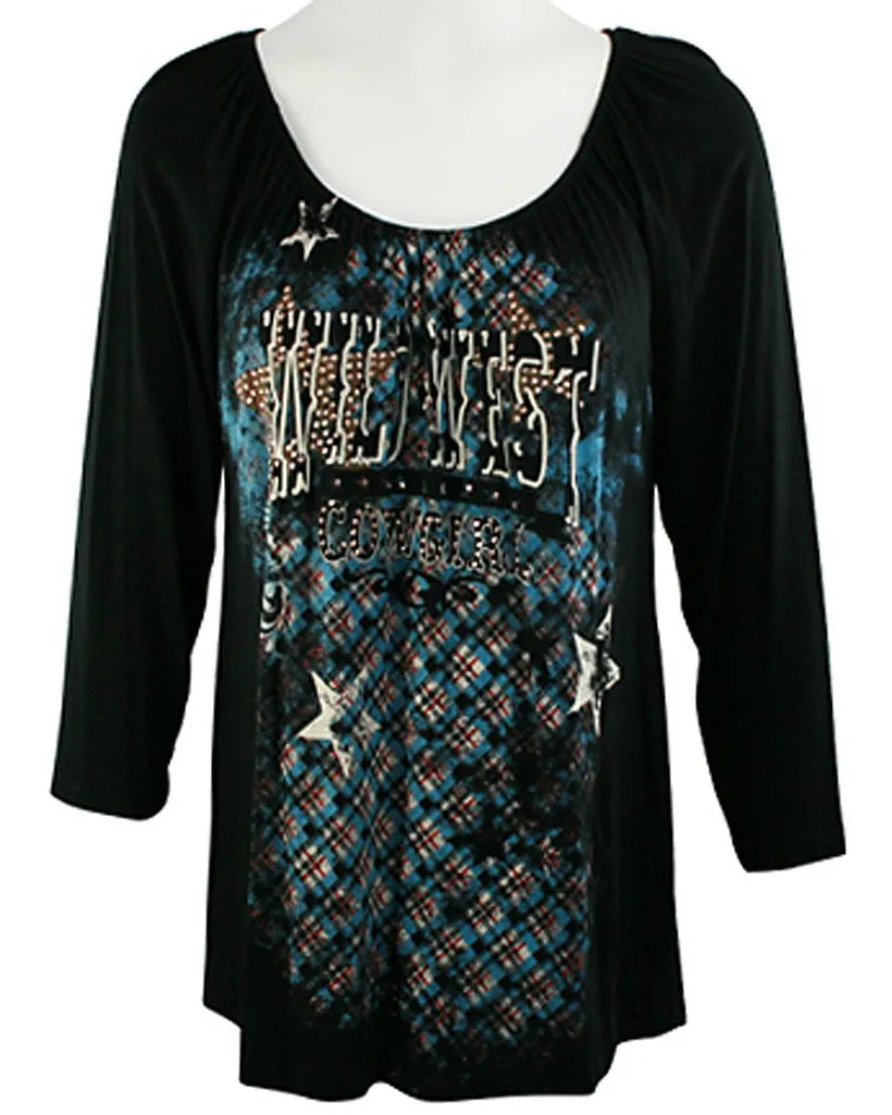 Vanilla Sugar -Wild West Cowgirl, Long Sleeve, Scoop Neck Rhinestone Tunic Top