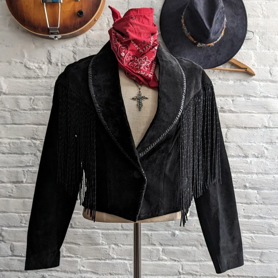 Vintage Black Leather Cropped Biker Jacket Fringe Cowgirl Western Bomber Coat