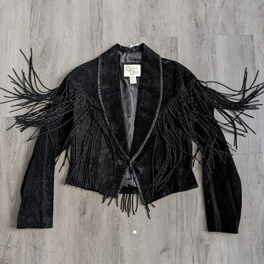 Vintage Black Leather Cropped Biker Jacket Fringe Cowgirl Western Bomber Coat