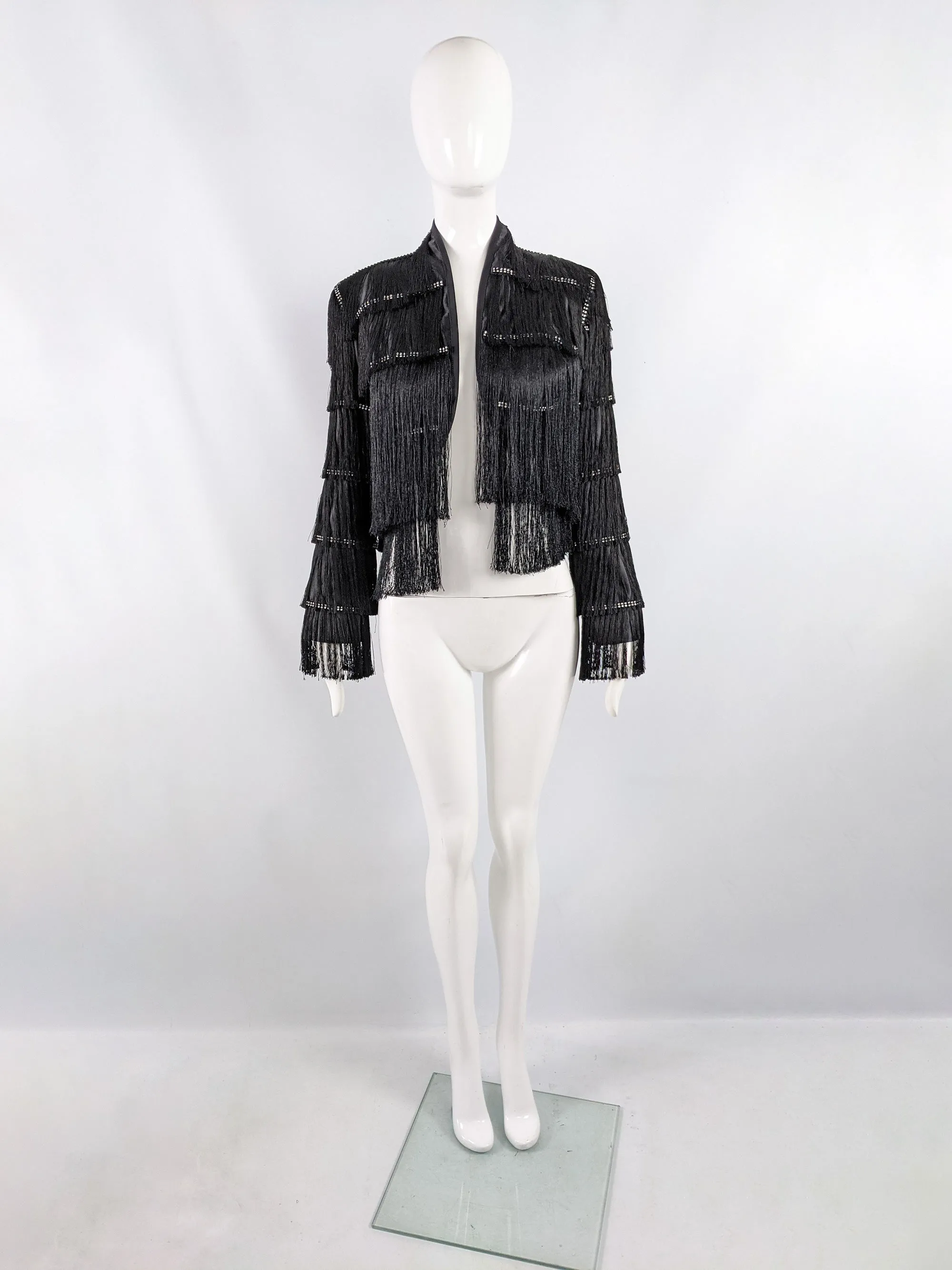 Vintage Black Satin Fringed Bolero Jacket, 1990s