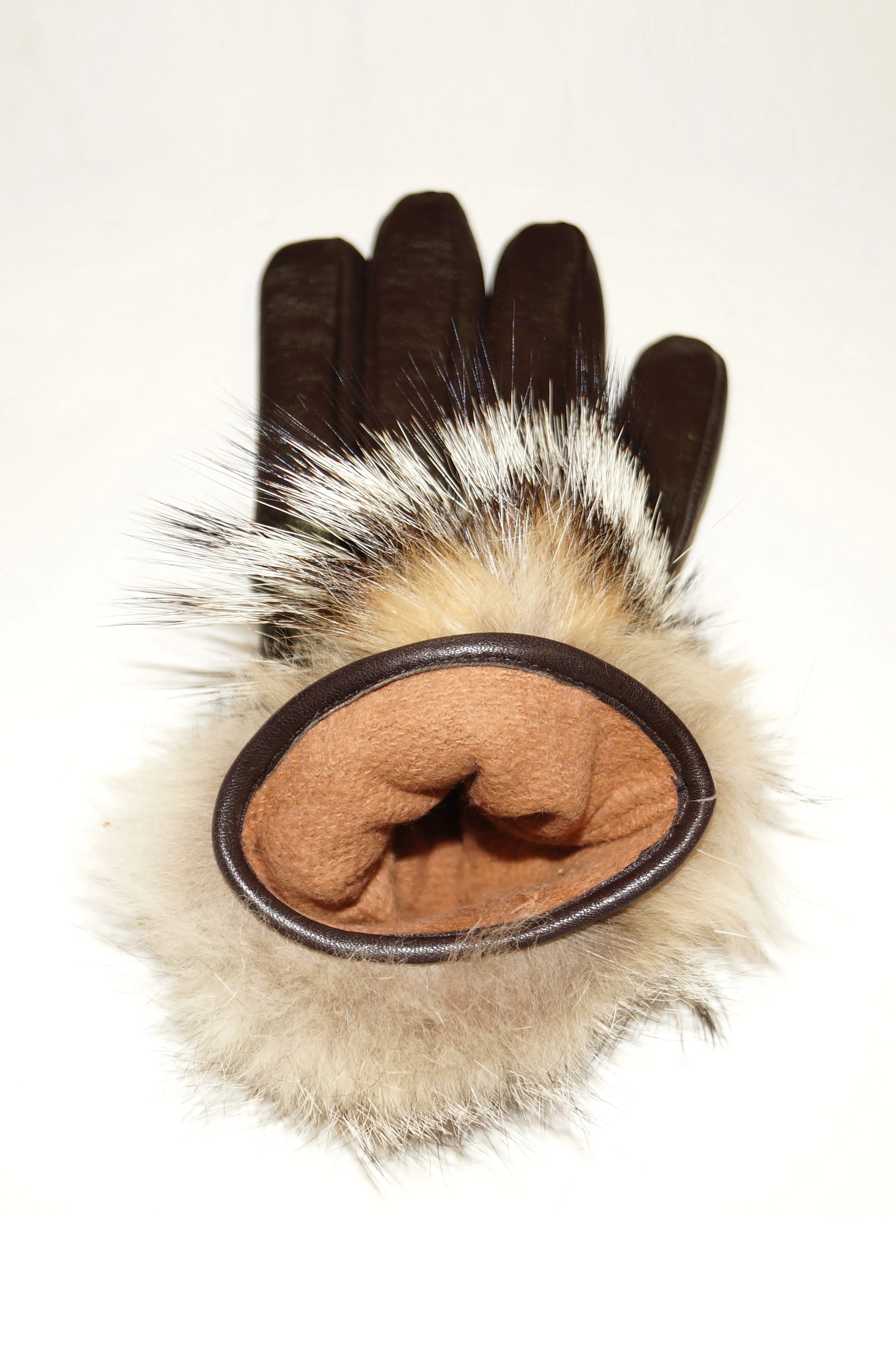 Vintage Italian Brown Leather Gloves with Fur Cuffs