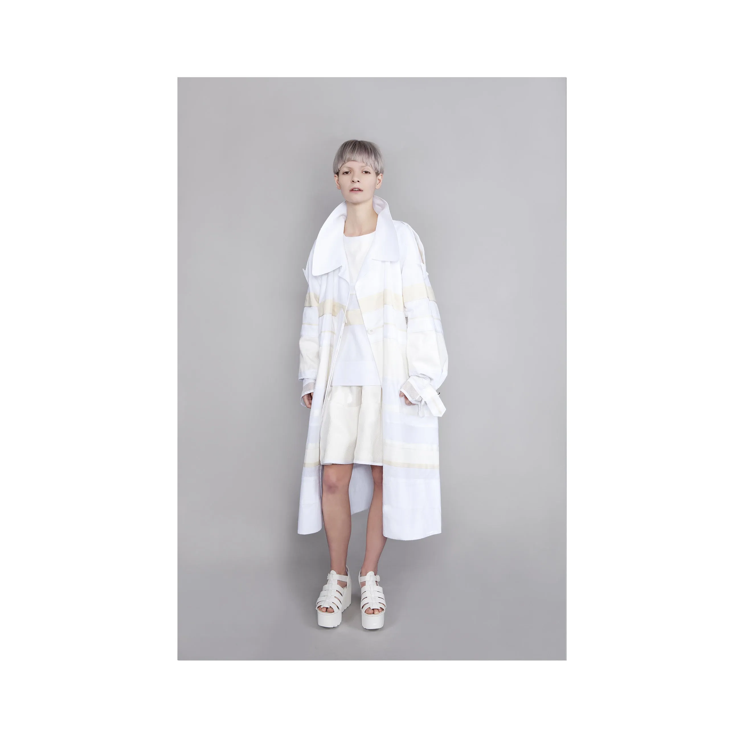 White and Cream Mixed Textile "Morrison" Trench Coat