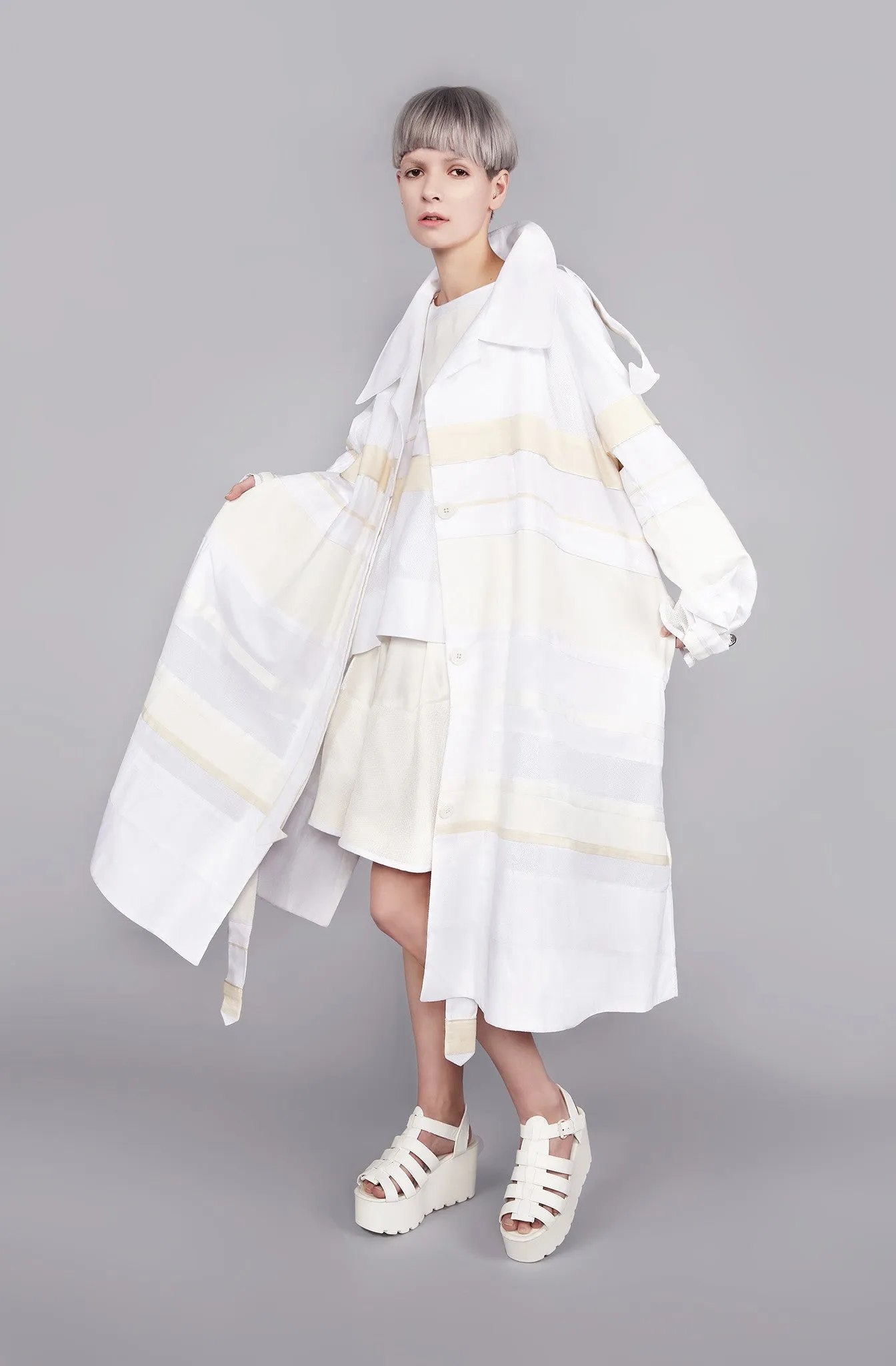 White and Cream Mixed Textile "Morrison" Trench Coat