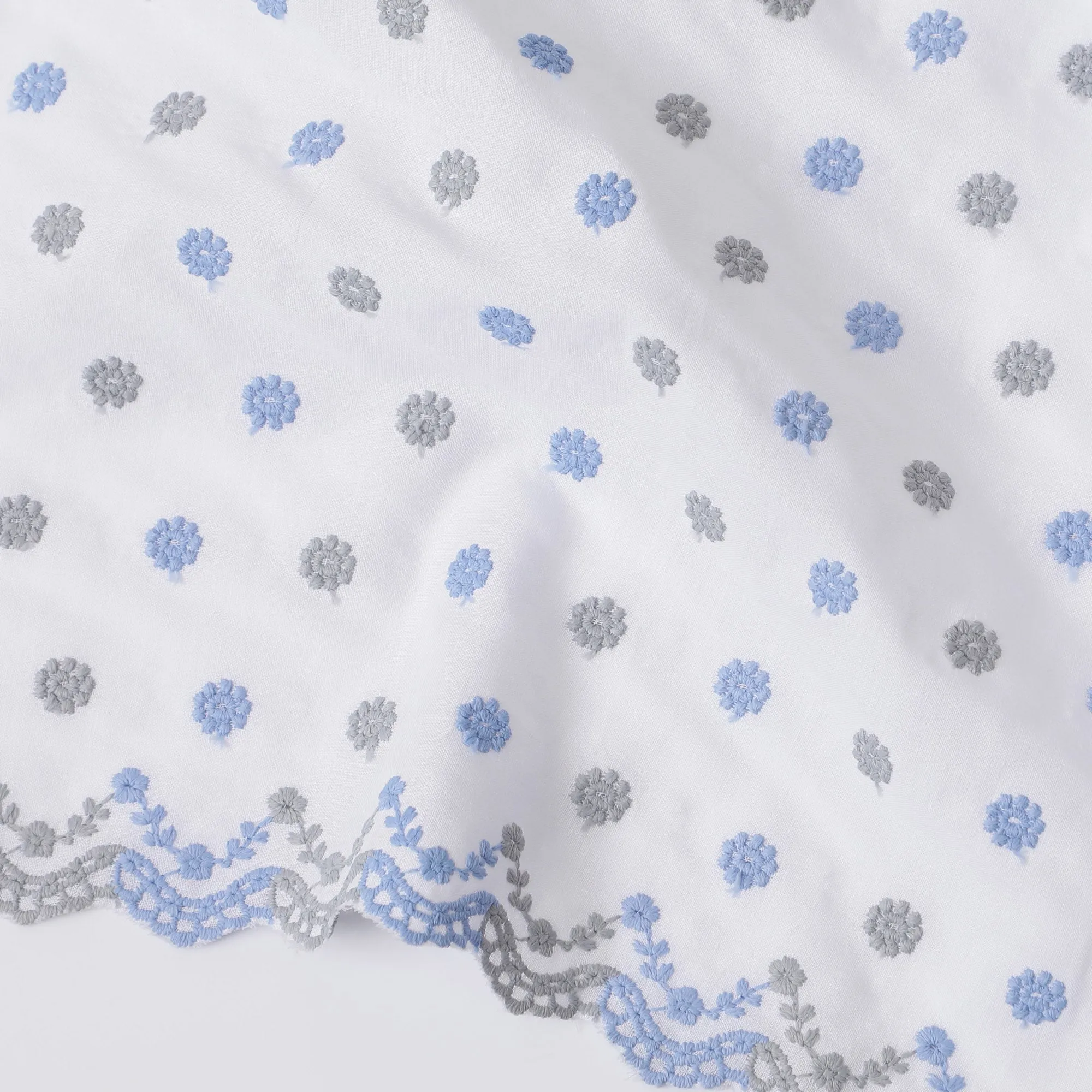 White Cotton Voile Fabric with Blue and Grey Floral Embroidery, 110 cm Width-D20127