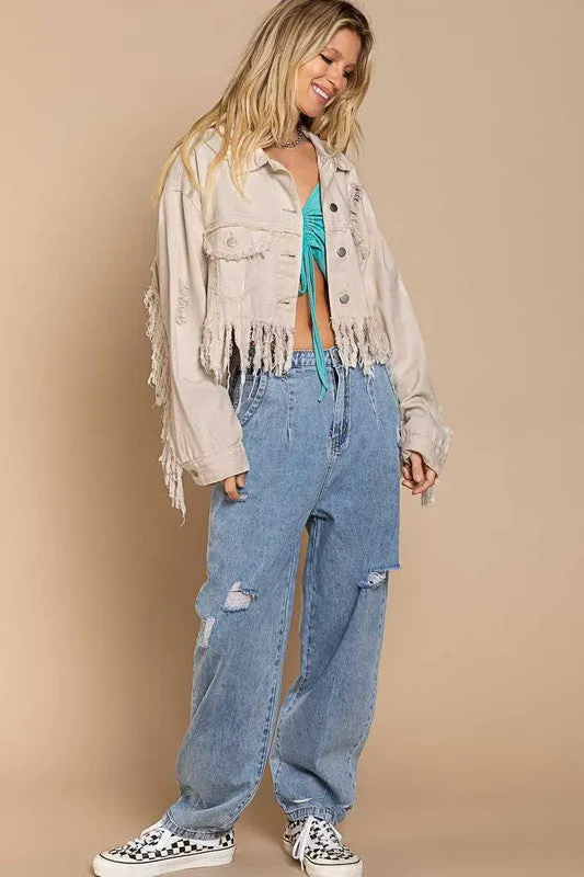 White Fringed Cropped Denim Jacket 100% Cotton Premium Luxury Jean Jackets Womens Fashion KESLEYT