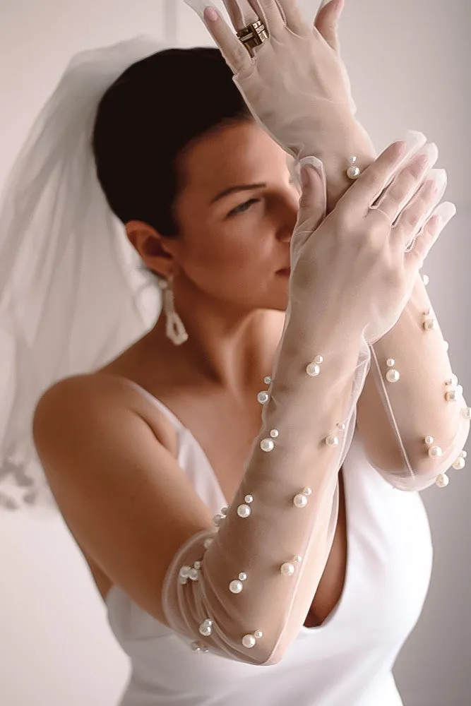 White Tulle Bridal Gloves