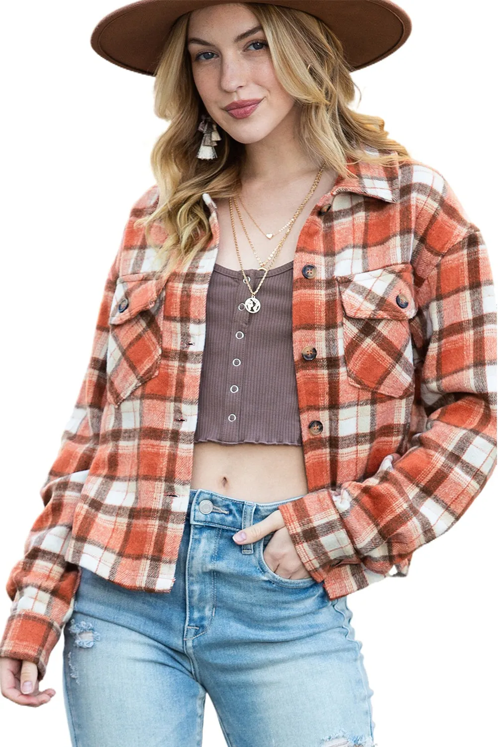 Wholesale Orange Plaid Button-Up Flap Pocket Cropped Jacket