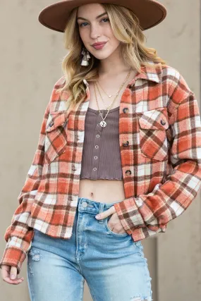 Wholesale Orange Plaid Button-Up Flap Pocket Cropped Jacket