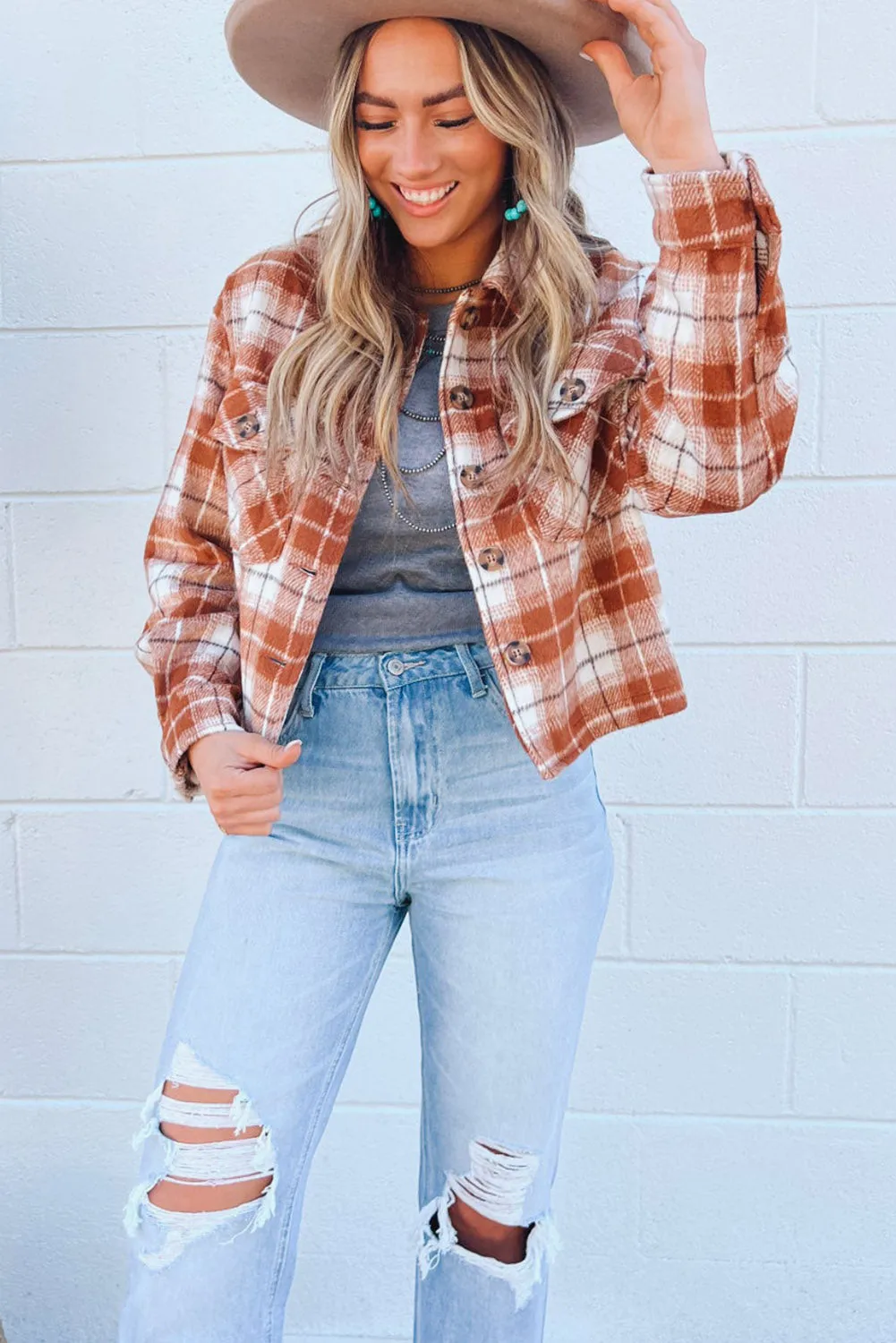 Wholesale Orange Plaid Button-Up Flap Pocket Cropped Jacket