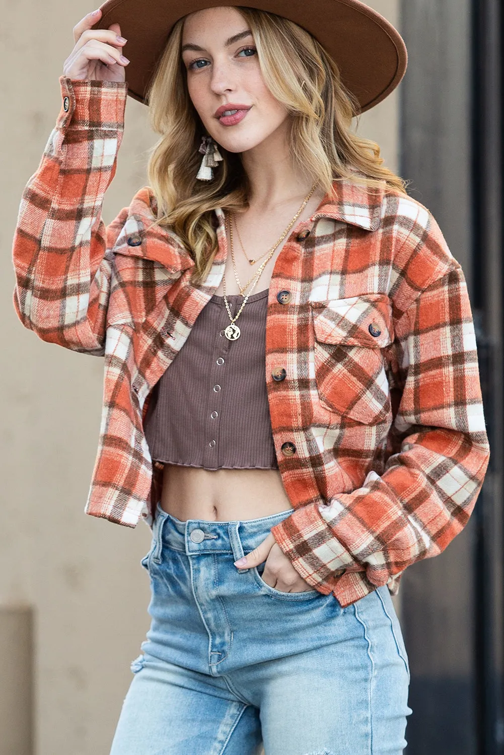 Wholesale Orange Plaid Button-Up Flap Pocket Cropped Jacket