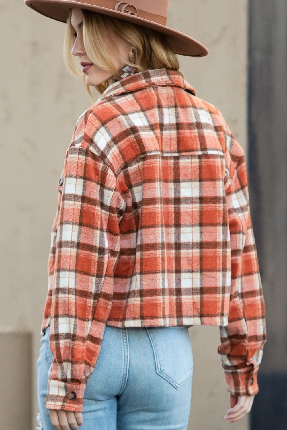 Wholesale Orange Plaid Button-Up Flap Pocket Cropped Jacket