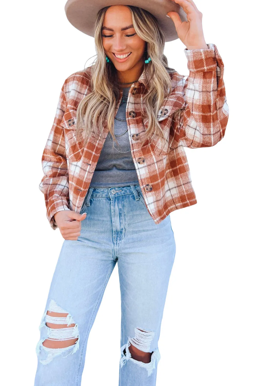 Wholesale Orange Plaid Button-Up Flap Pocket Cropped Jacket