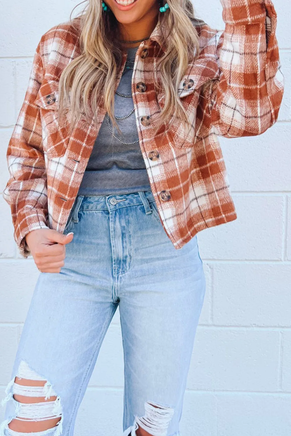 Wholesale Orange Plaid Button-Up Flap Pocket Cropped Jacket