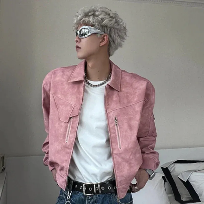 Wiaofellas  -  Mens Cropped PU Leather Jacket Fashion Turn-down Collar Gradient Color Retro Coat Zipper Men's Motorcycle Outwear Spring Pink