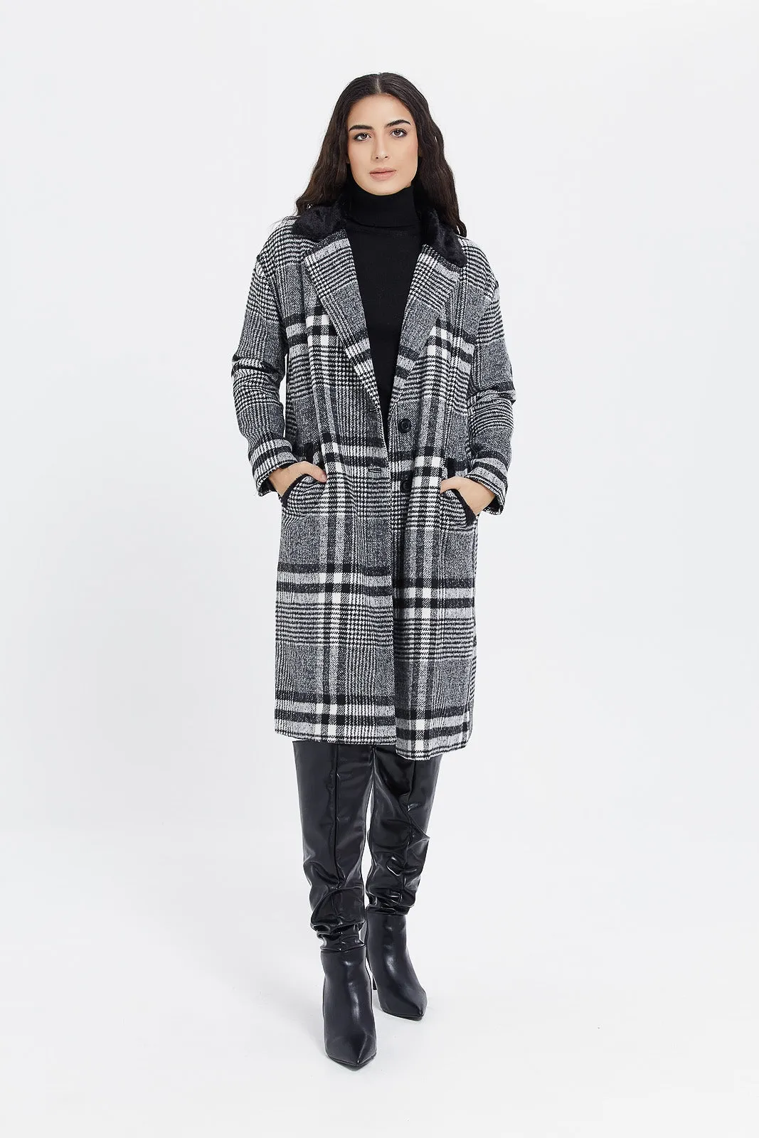 Women Black And White Checked Jacket