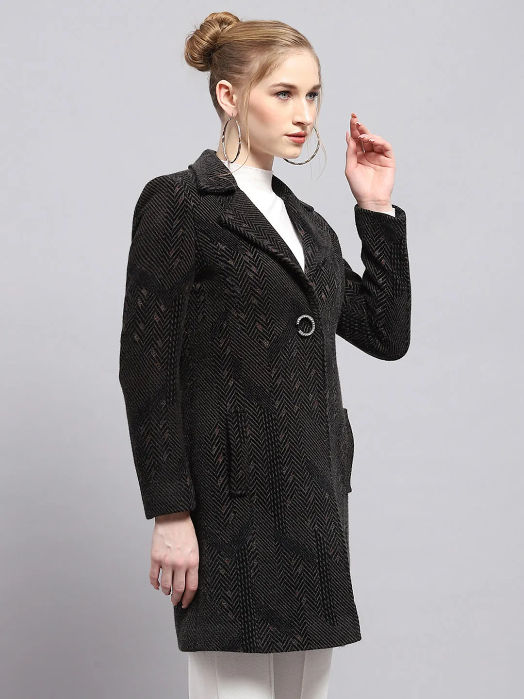 Women Black Self Design Collar Full Sleeve Coat