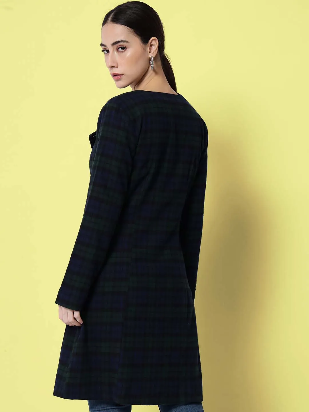 Women Blue & Green Checked Pure Cotton Overcoat