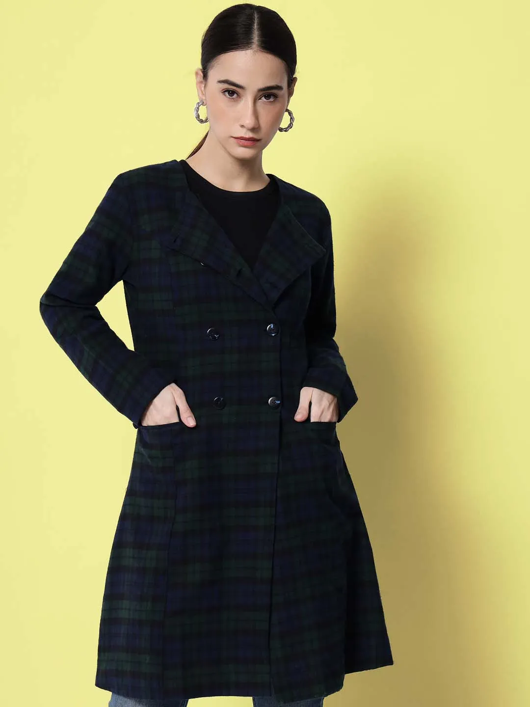 Women Blue & Green Checked Pure Cotton Overcoat