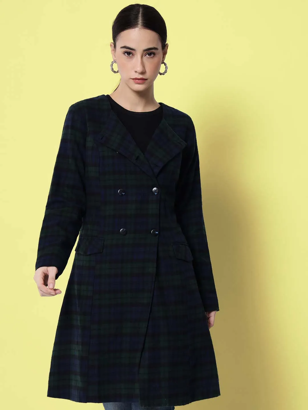 Women Blue & Green Checked Pure Cotton Overcoat