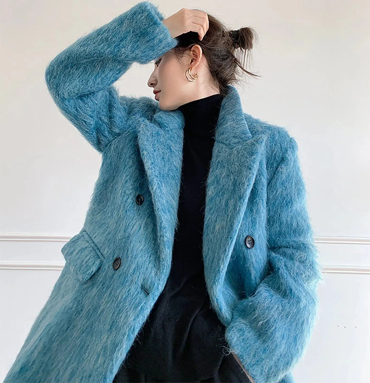 Women Blue Wool Blazer,Fleece Suit,Oversize Wool Coat,Warm Wool Suit Coat,Winter Blazer coat women,Blue wool Suit,Double breasted Suit Coat,