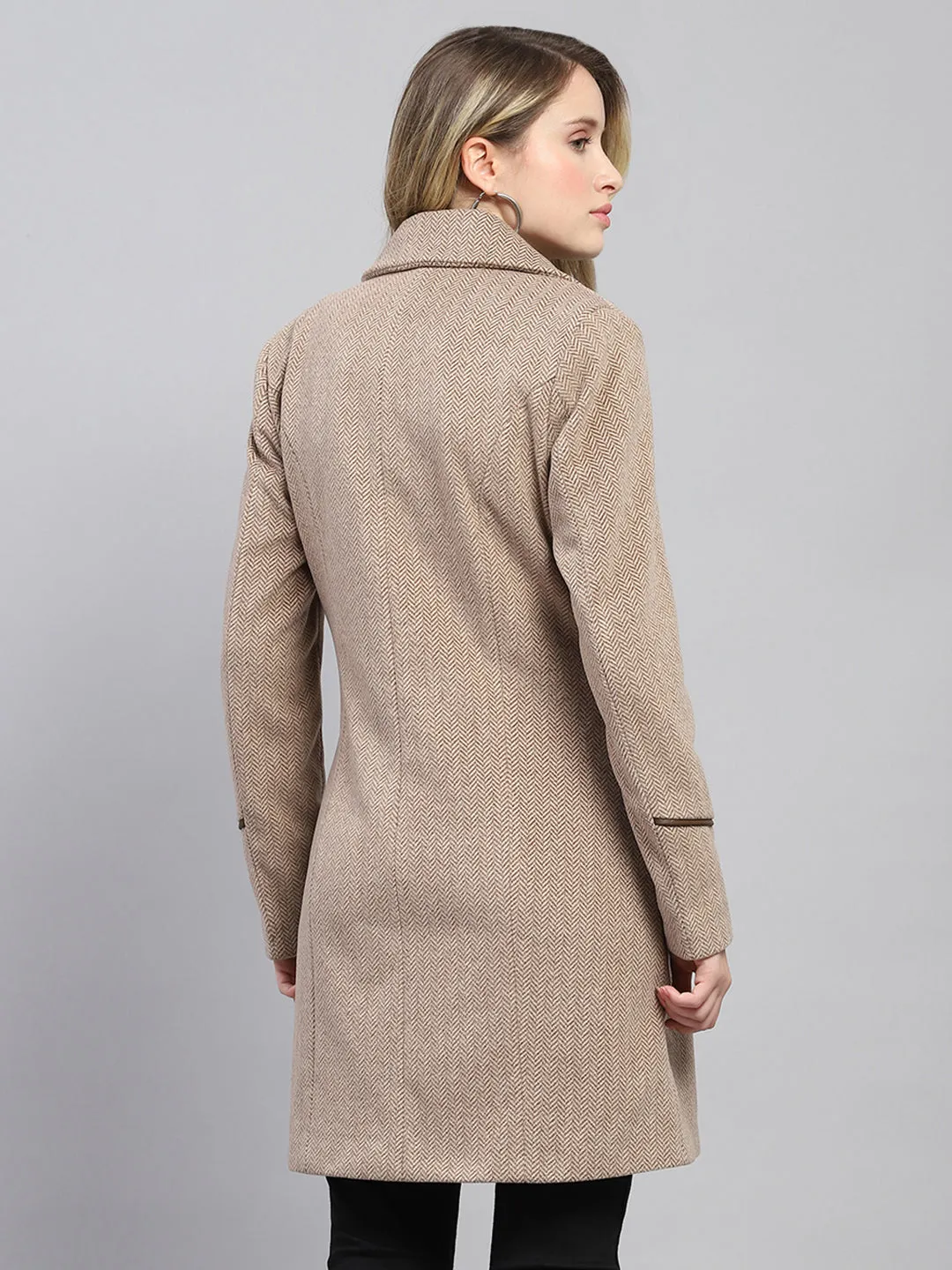 Women Brown Self Design Collar Full Sleeve Coat