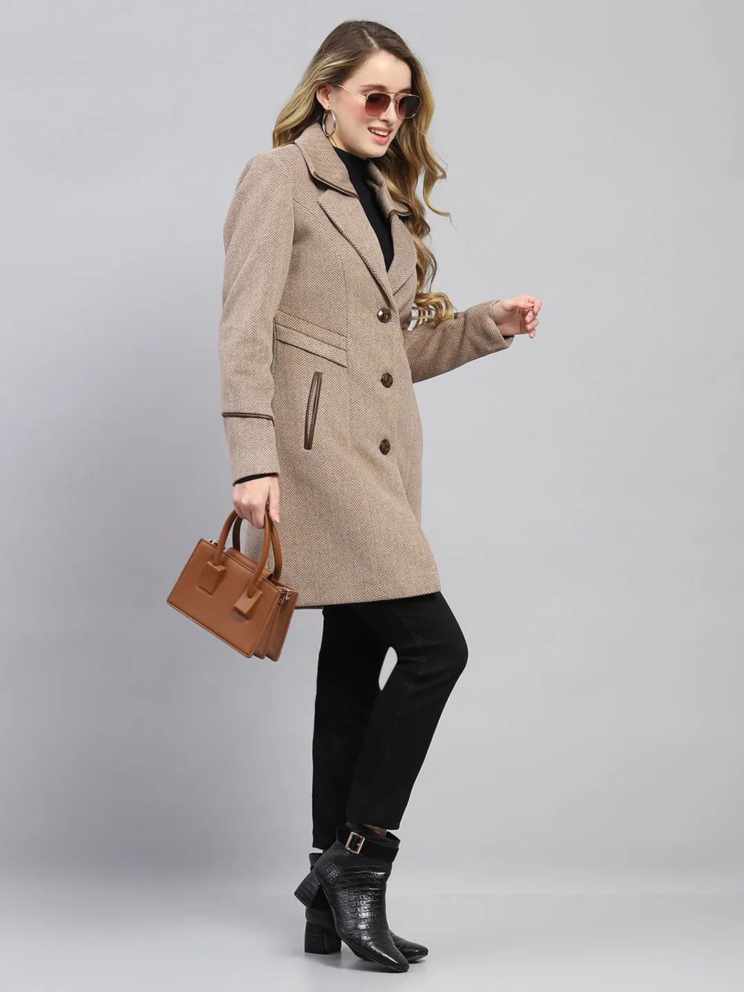 Women Brown Self Design Collar Full Sleeve Coat