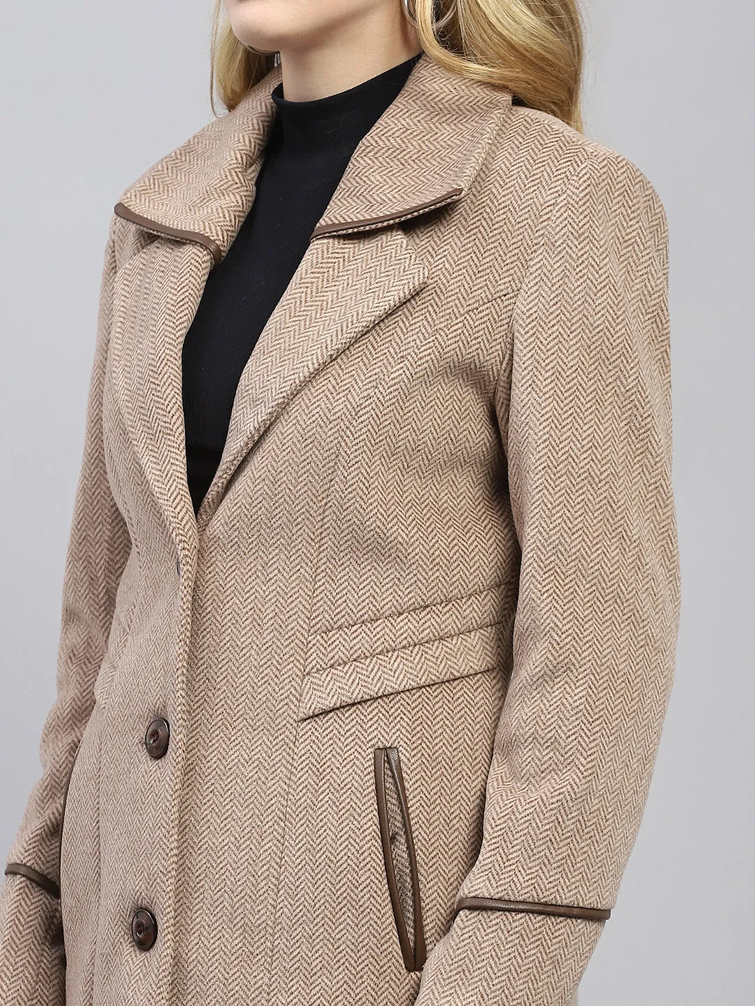 Women Brown Self Design Collar Full Sleeve Coat