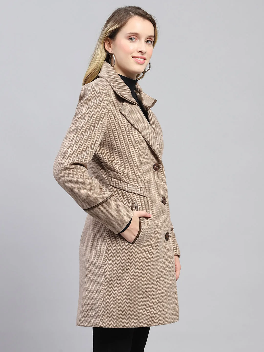 Women Brown Self Design Collar Full Sleeve Coat