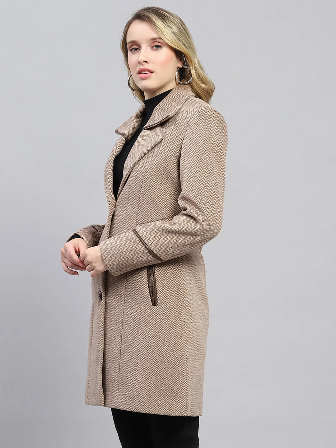 Women Brown Self Design Collar Full Sleeve Coat