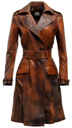 Women Distressed Brown Vintage Leather Long Coat