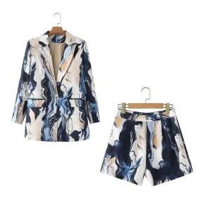 Women double row button printing suit coat short