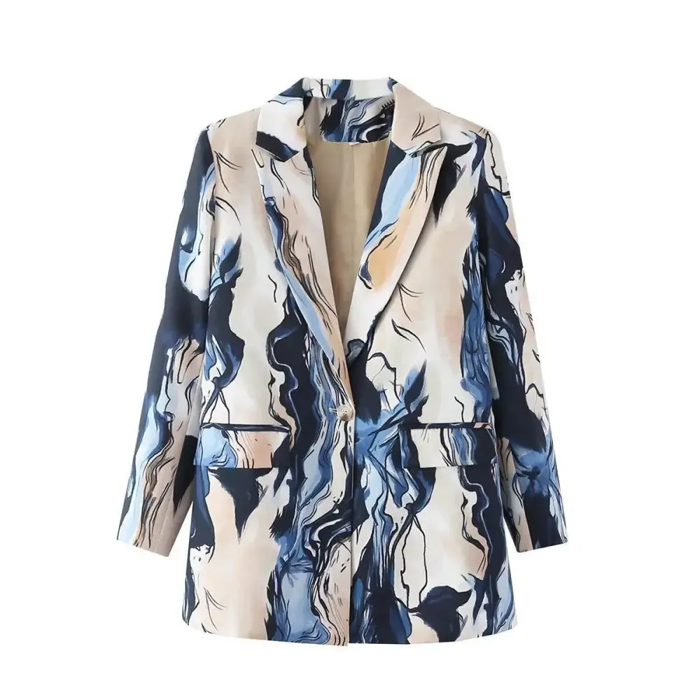 Women double row button printing suit coat short