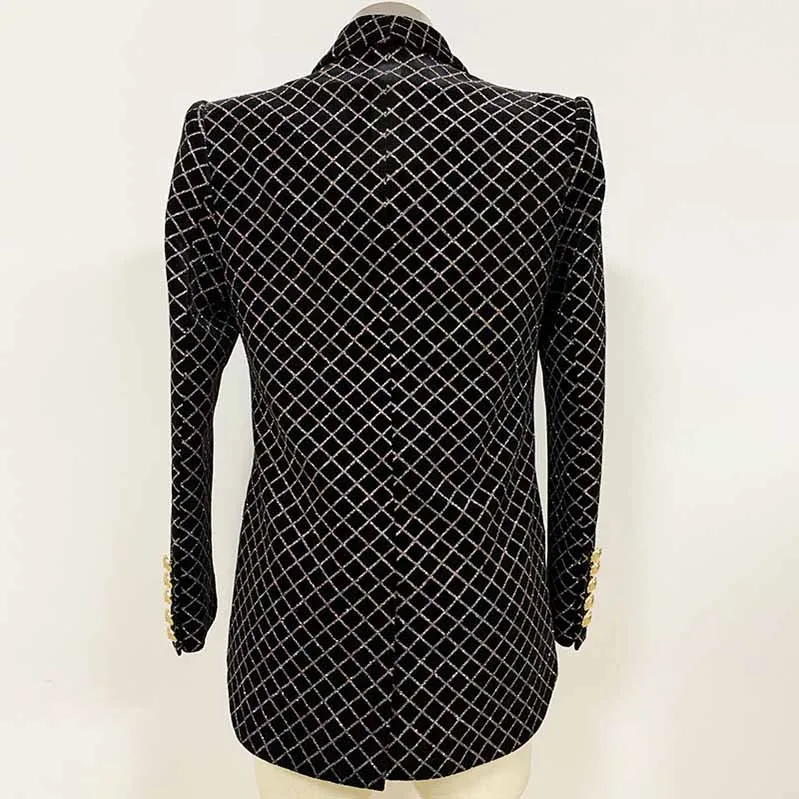 Women Gold Check Blazer Double Breasted Black Fashion Jacket