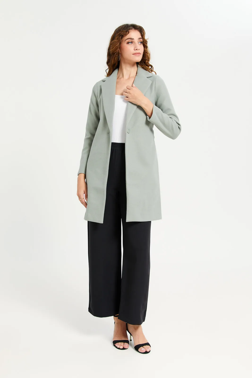 Women Mint Long Line Tie Belted Coat