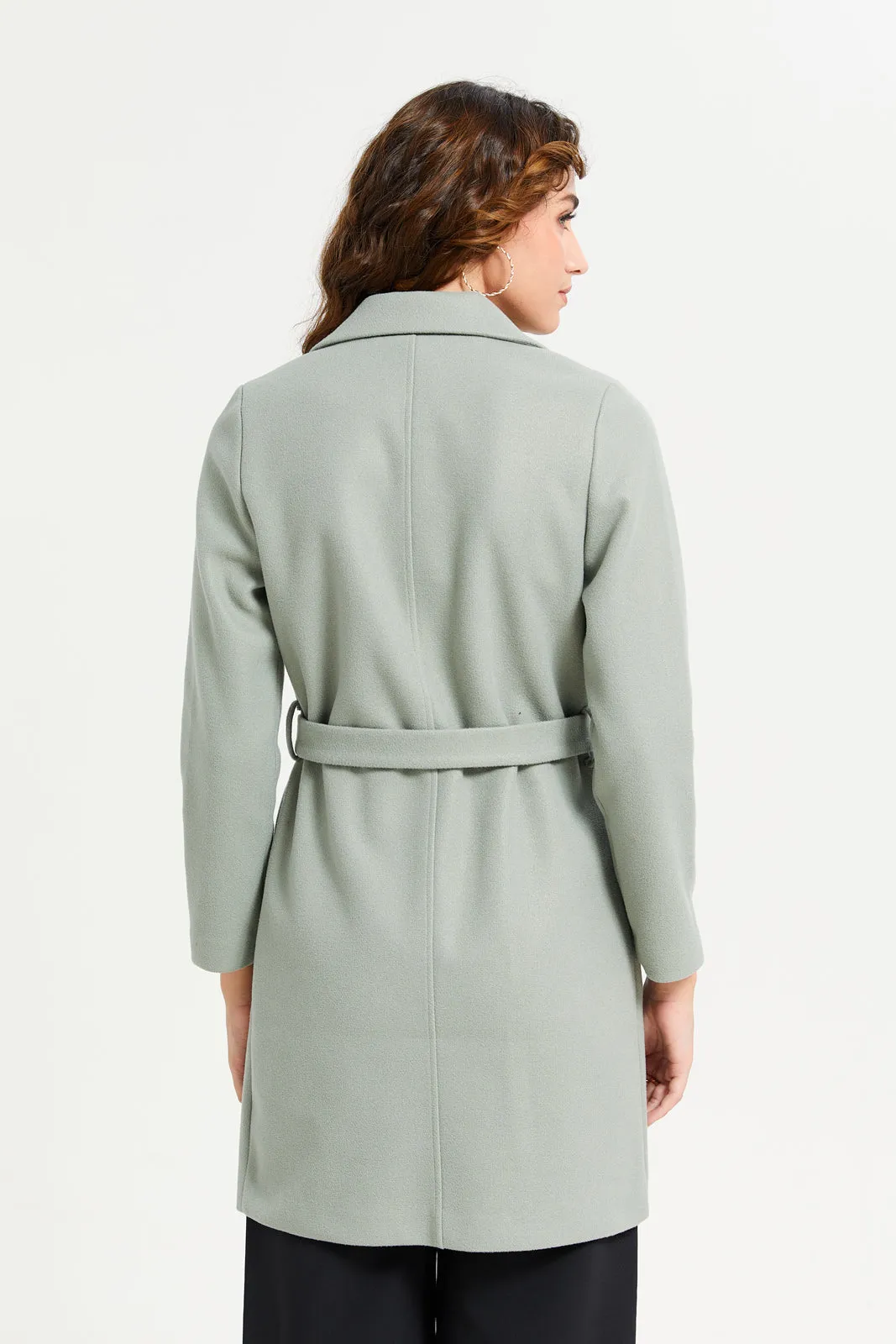 Women Mint Long Line Tie Belted Coat