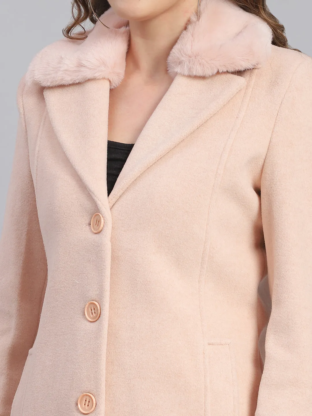 Women Pink Solid Lapel Collar Full Sleeve Coats