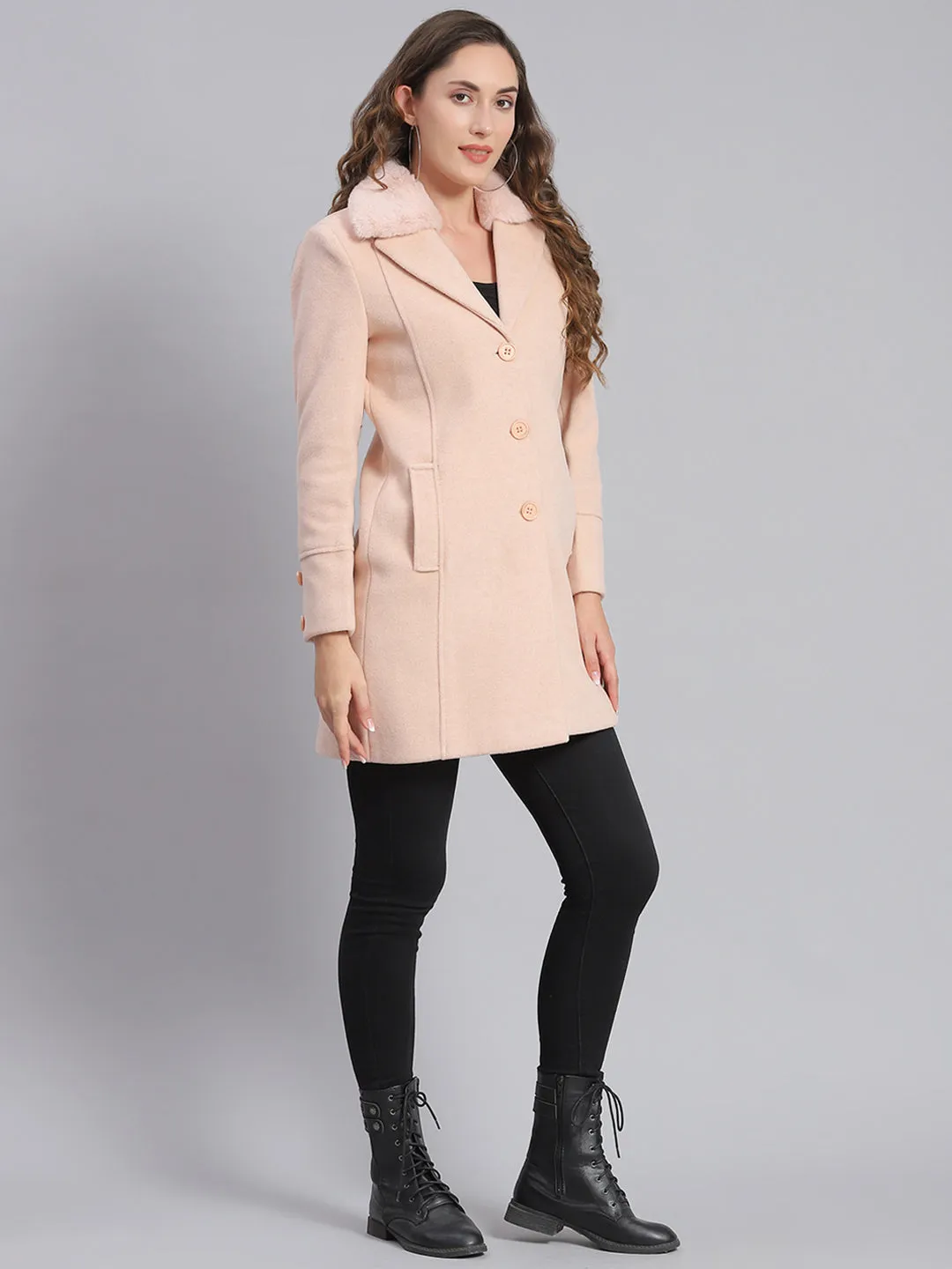 Women Pink Solid Lapel Collar Full Sleeve Coats