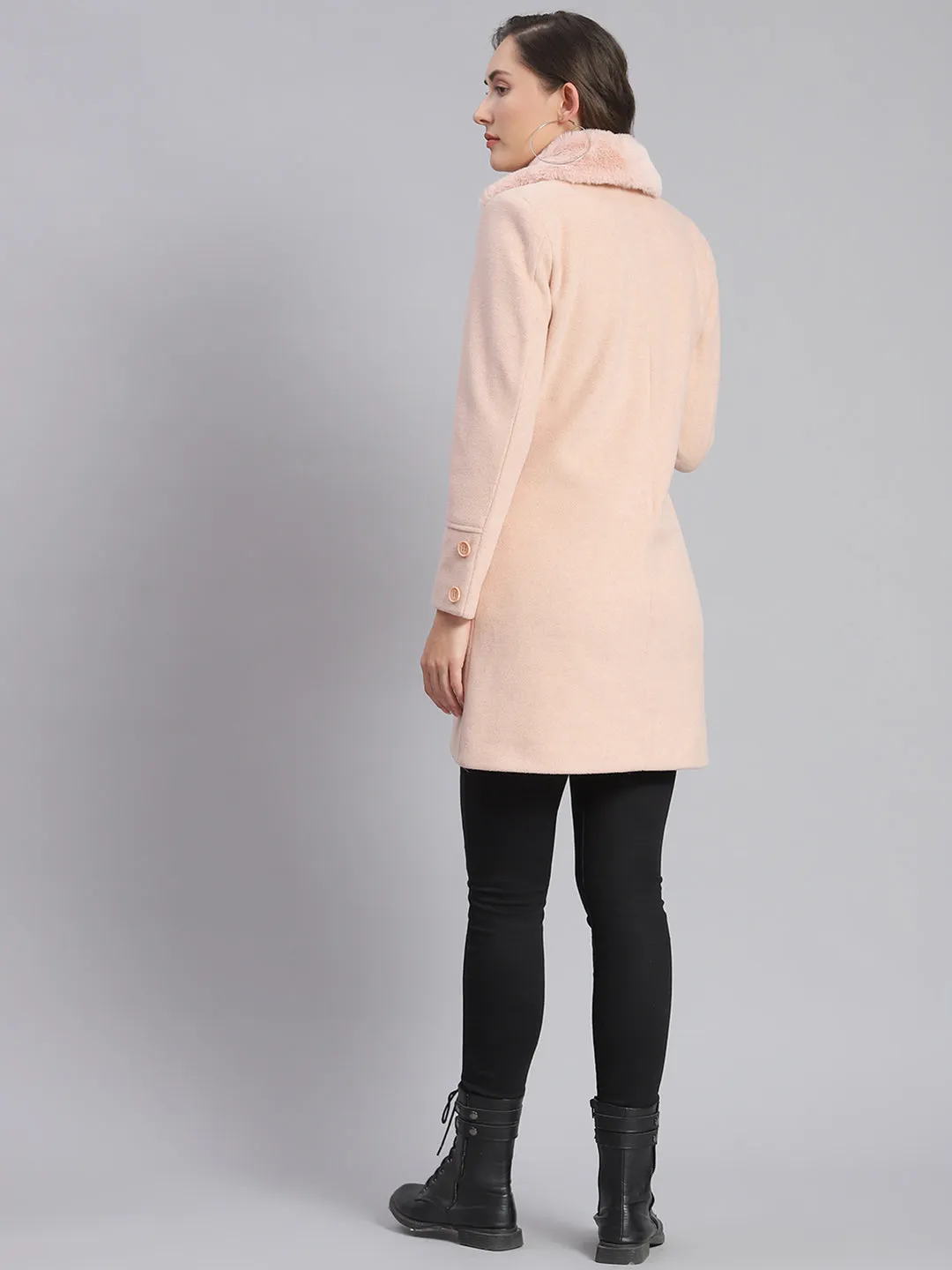 Women Pink Solid Lapel Collar Full Sleeve Coats