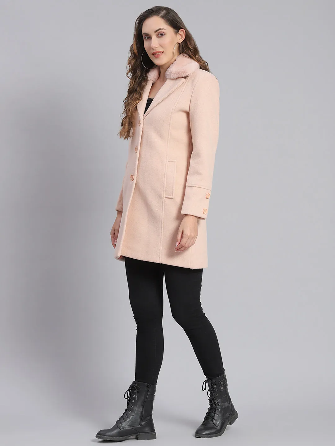 Women Pink Solid Lapel Collar Full Sleeve Coats