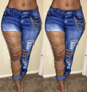 Women Skinny Chain Ripped jeans