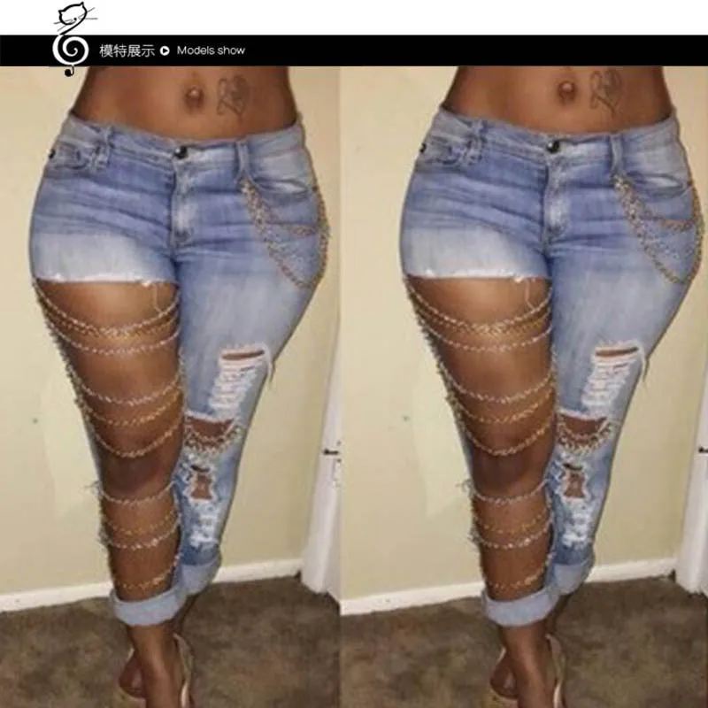 Women Skinny Chain Ripped jeans