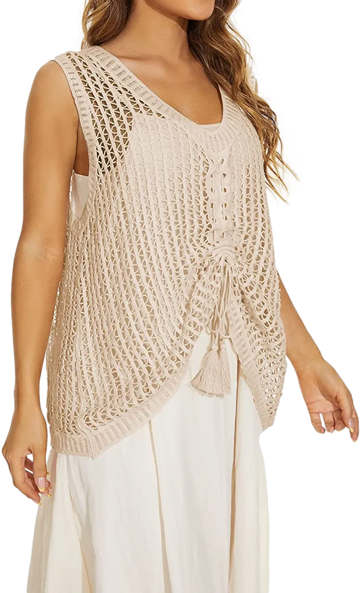 Women Sleeveless Tank Top Crochet Boho Camisole Crop Top Hollow Out Drawstring